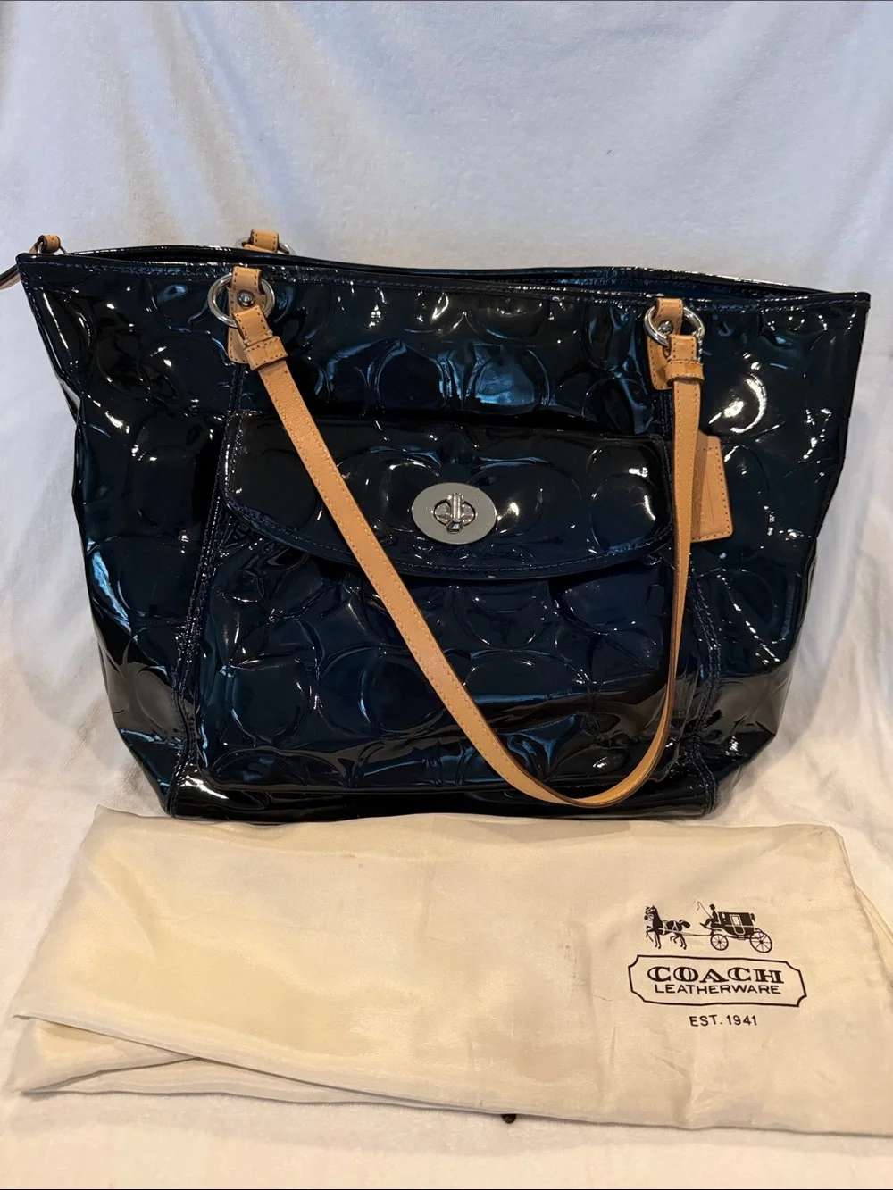 Coach Patent Leather Tote in Navy Blue with Tan Straps